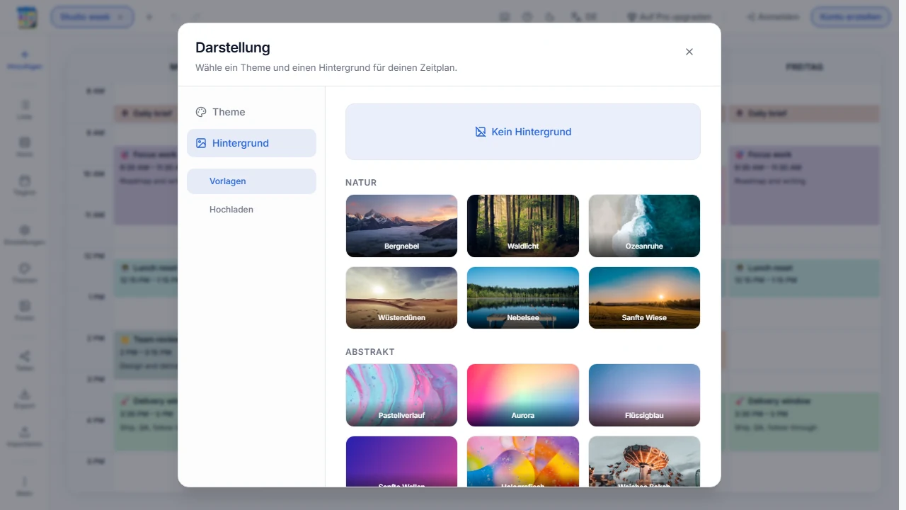 Leerer Platzhalter für einen Screenshot der Hintergrundauswahl mit Vorgaben, Deckkraft und Unschärfe
