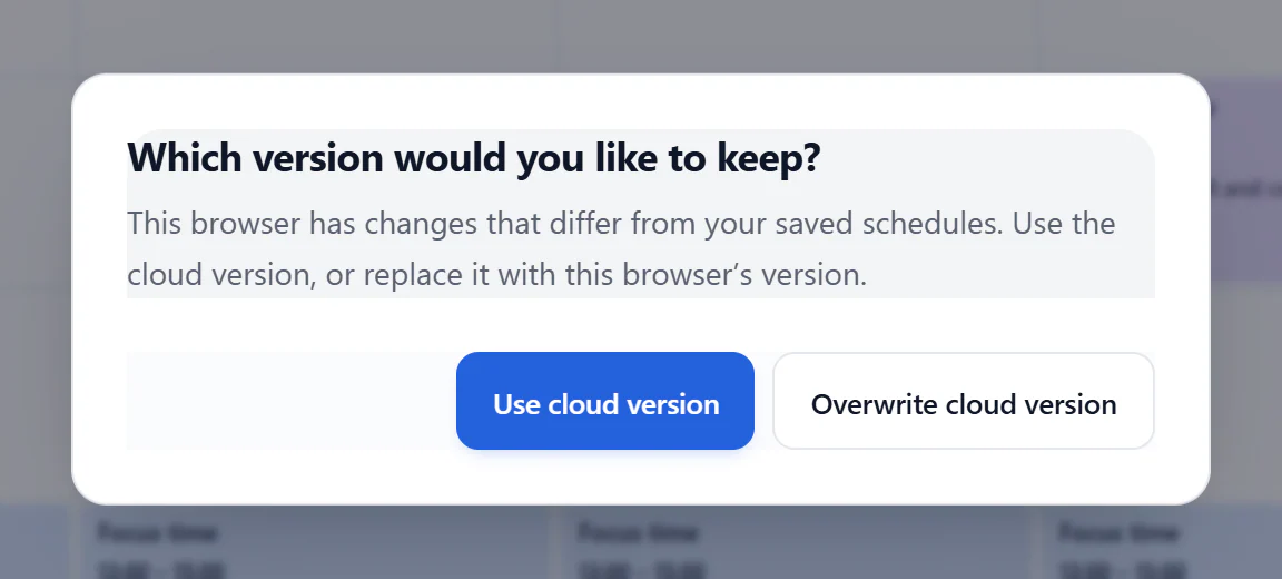 Versionsvalgsprompt med Brug cloudversion og Overskriv cloudversion