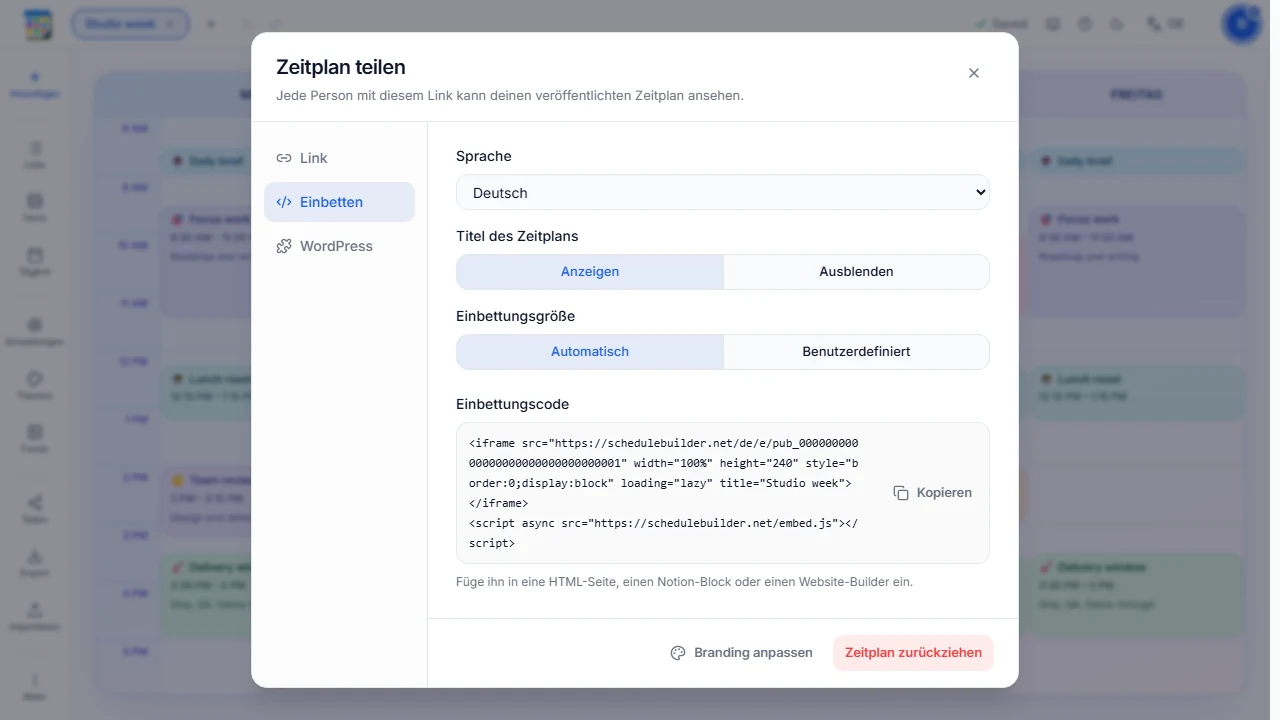 Leerer Platzhalter für einen Screenshot der Einbettungsoptionen mit Sprachwahl, Titelschalter sowie automatischer und fester Größe
