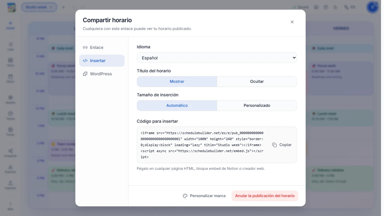 Marcador de posición para una captura de las opciones de inserción con idioma, título y dimensiones