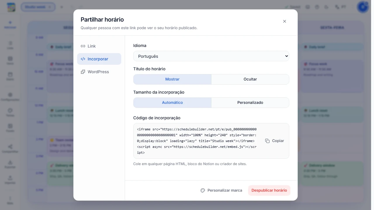 Espaço reservado neutro para uma captura de tela das opções de incorporação com seletor de idioma, controle de título e modos automático e fixo