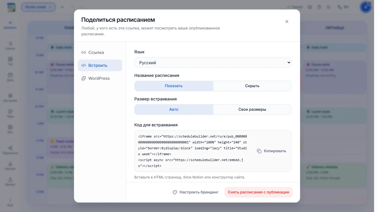 Нейтральный заполнитель для снимка экрана вкладки «Встроить» с настройками языка, названия и размеров