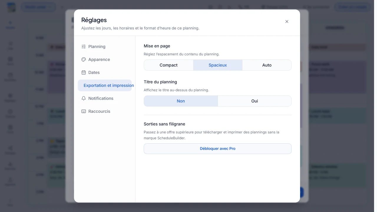 Emplacement neutre pour une capture d’écran du menu Exporter avec les options PNG, PDF et JSON