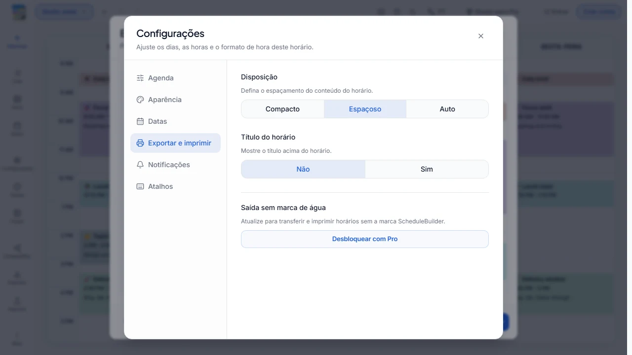 Espaço reservado neutro para uma captura de tela do menu Exportar com as opções PNG, PDF, JSON e impressão
