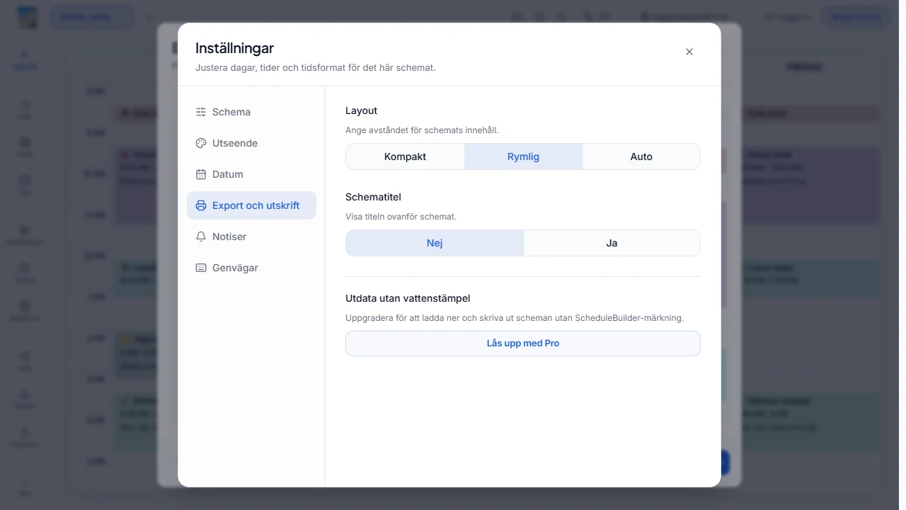 Tom platshållare för skärmbild av menyn Exportera med alternativ för PNG, PDF, JSON, layout och utskrift