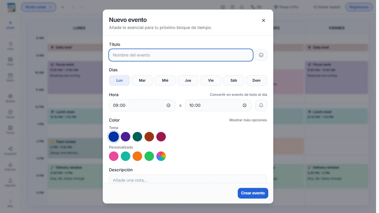 Marcador de posición vacío para una captura de pantalla del editor de eventos y la cuadrícula semanal