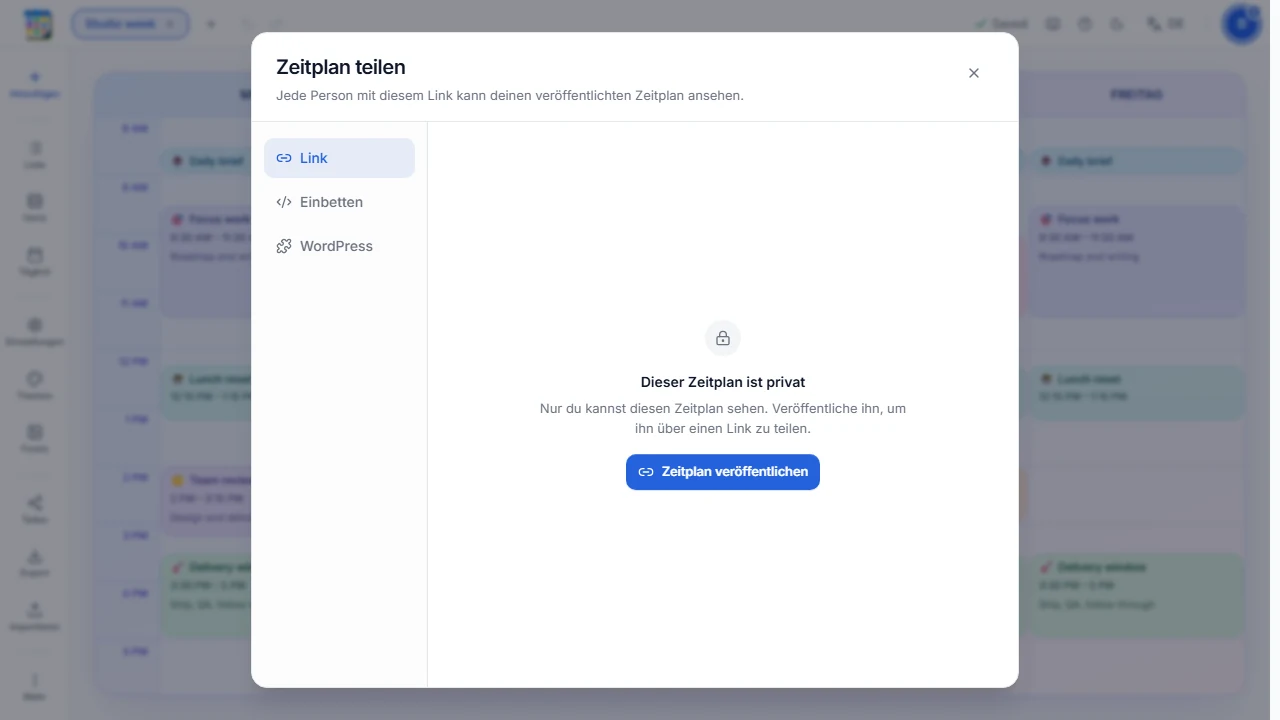 Dialog „Teilen“ für einen privaten Plan mit der Schaltfläche „Plan veröffentlichen“.