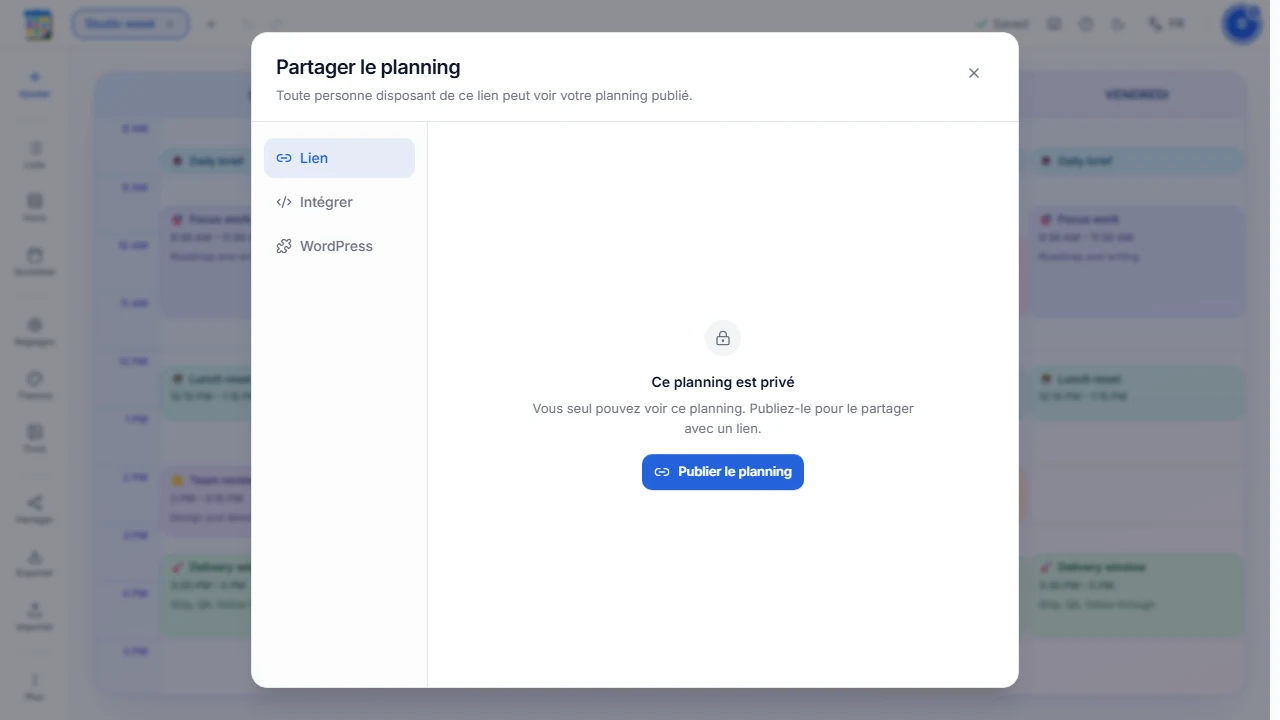 Fenêtre Partager pour un emploi du temps privé avec le bouton Publier l’emploi du temps.