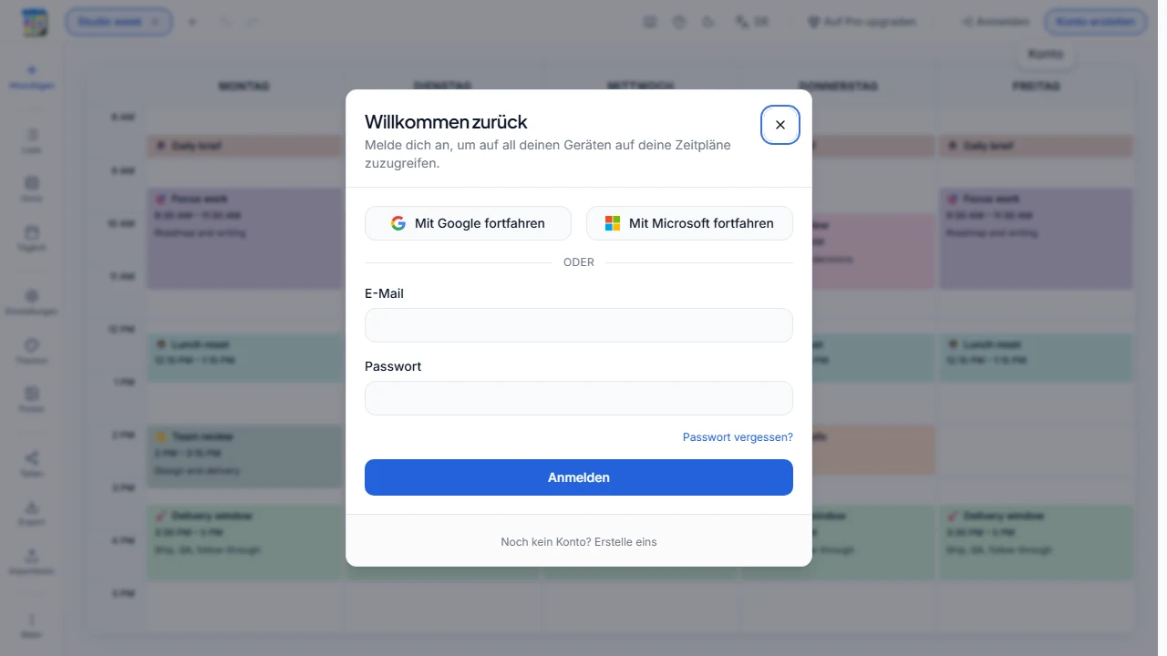 Leerer Platzhalter für einen Screenshot der Anmeldung mit E-Mail, Google, Microsoft und dem Link zum Zurücksetzen des Passworts