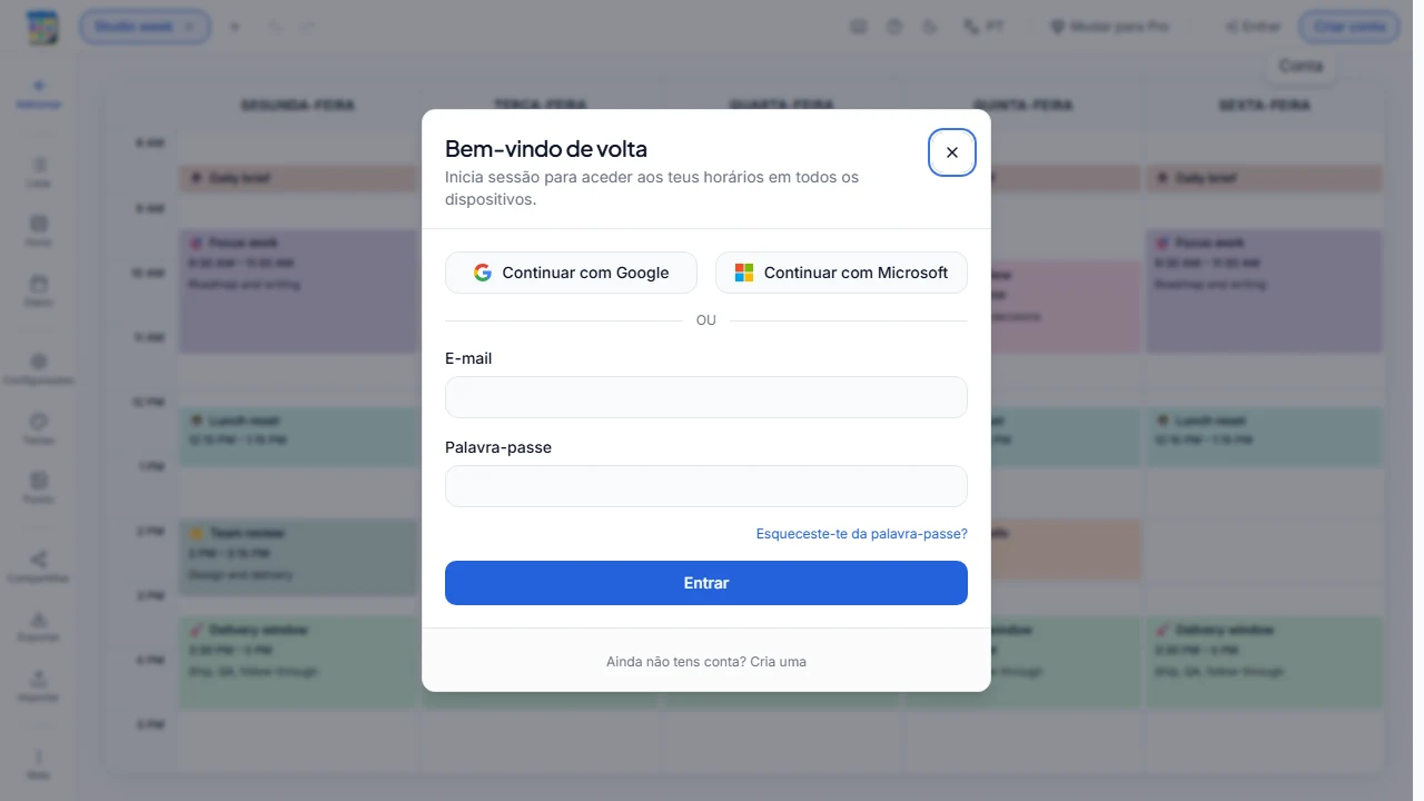 Espaço reservado para uma captura de tela da tela de entrada com as opções de e-mail, Google, Microsoft e redefinição de senha
