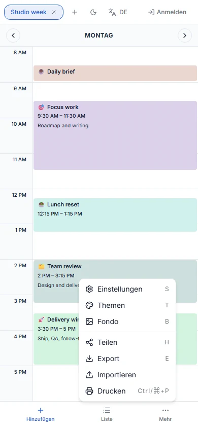 Mobilansicht von ScheduleBuilder mit Tagesplan, unterer Symbolleiste und geöffnetem Menü „Mehr“.