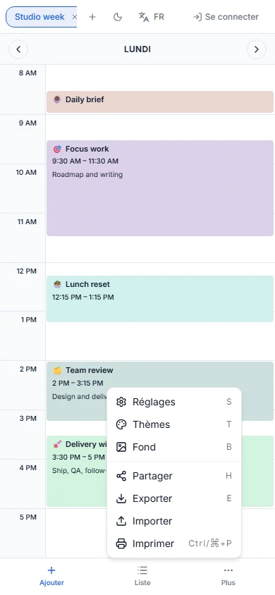 Vue mobile de ScheduleBuilder avec emploi du temps quotidien, barre d’outils inférieure et menu Plus ouvert.