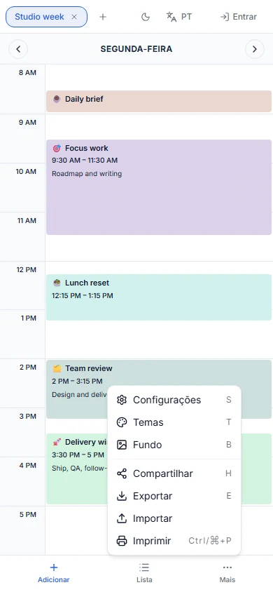 Visualização móvel do ScheduleBuilder com agenda diária, barra inferior e menu Mais aberto.