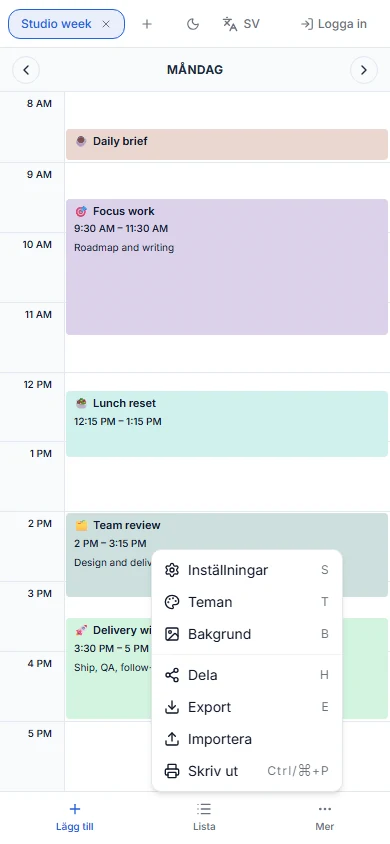 ScheduleBuilder i mobilvy med dagsschema, nedre verktygsrad och öppen Mer-meny.